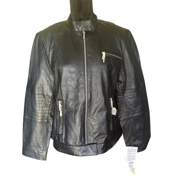 EXCELLED Womens Black Leather Moto Jacket Zippered Pockets & Sleeve Sz M NWT - Picture 1 of 15